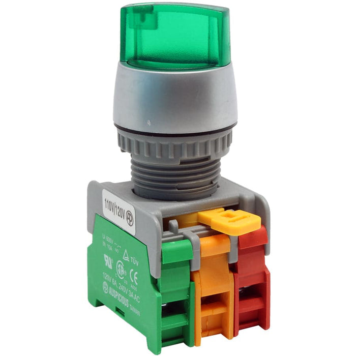 SL22-1O/C-GN - Illuminated Twist Knob Switch - 2 Contact (1O/C) - 2 Positions (1-2)  - 110V - Green - Ferrules Direct