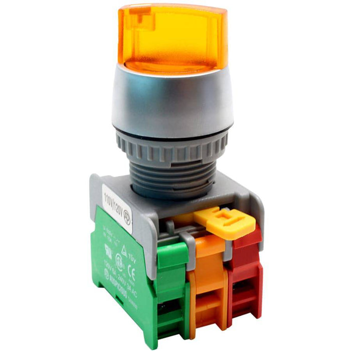 SL22-1O/C-YL - Illuminated Twist Knob Switch - 2 Contact (1O/C) - 2 Positions (1-2) - 110V - Yellow - Ferrules Direct