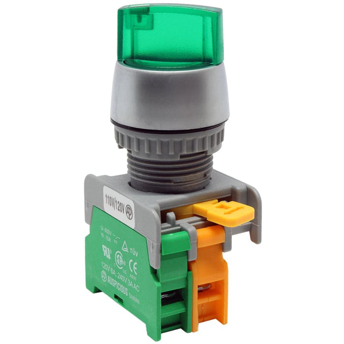 SL22-1/O-GN - Illuminated Twist Knob Switch - 1 Contact (1/O) - 2 Positions (0-1) - 110V - Green - Ferrules Direct