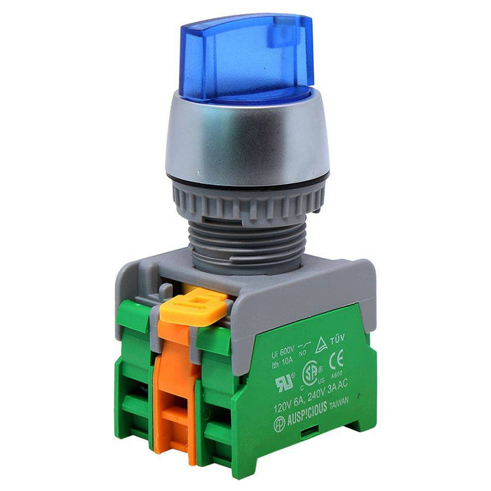 SL223-2/O-BL - 110V Illuminated Twist Knob Switch - 2 Contact (2/O) - 3 Positions (1-0-2) - Blue - Ferrules Direct