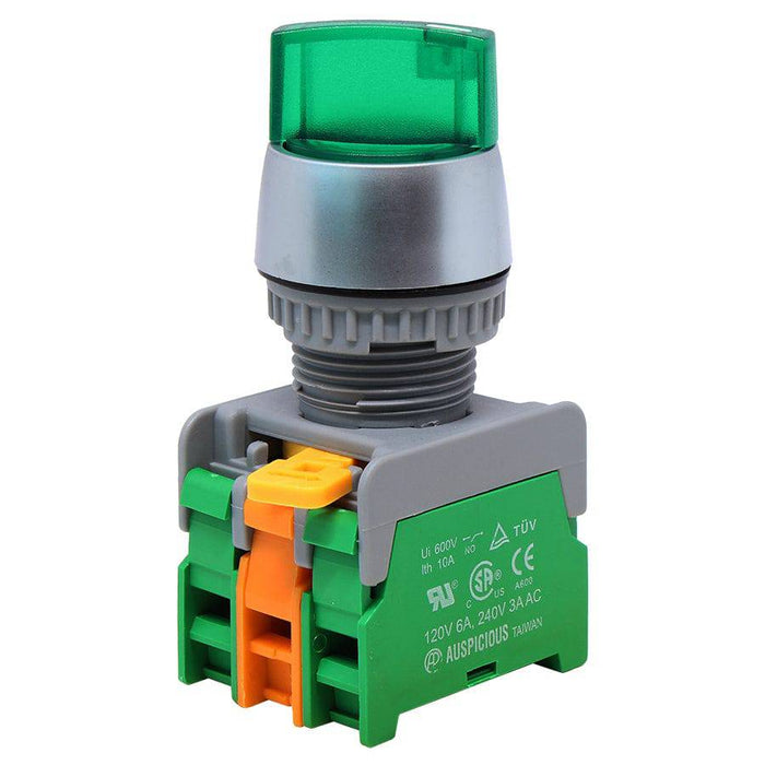 SL223-2/O-GN - 110V Illuminated Twist Knob Switch - 2 Contact (2/O) - 3 Positions (1-0-2) - Green - Ferrules Direct