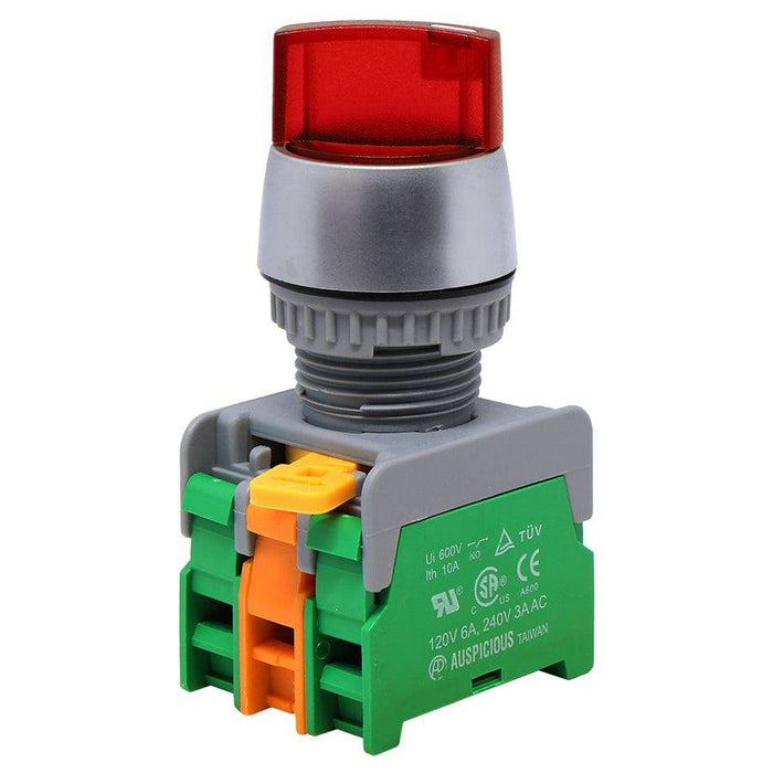 SL223-2/O-RD - 110V Illuminated Twist Knob Switch - 2 Contact (2/O) - 3 Positions (1-0-2) - Red - Ferrules Direct