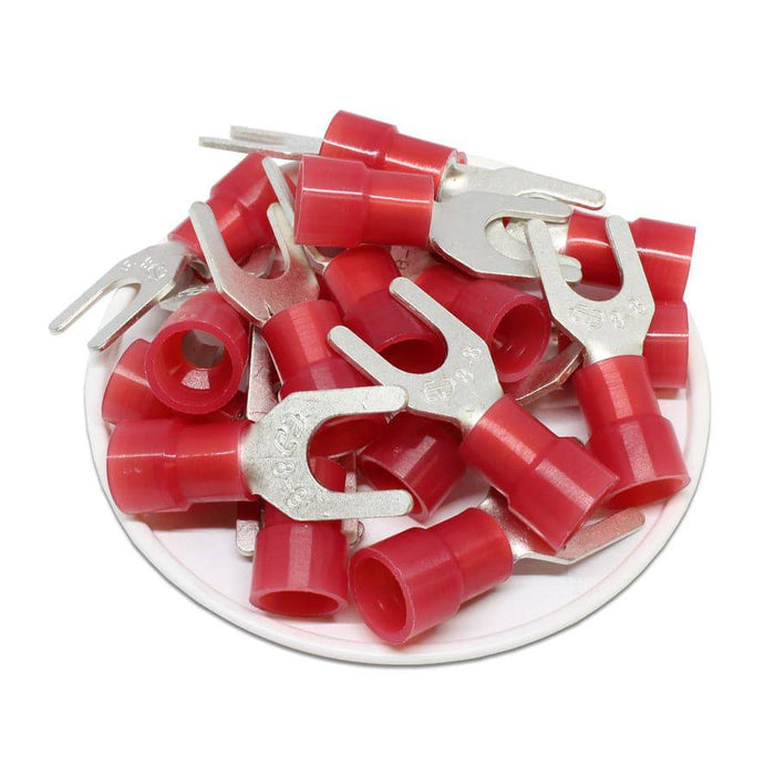100-Pack 16-14 Gauge Vinyl Spade Fork Crimp Terminals – #8 Stud, Tin Copper Core, UL Listed