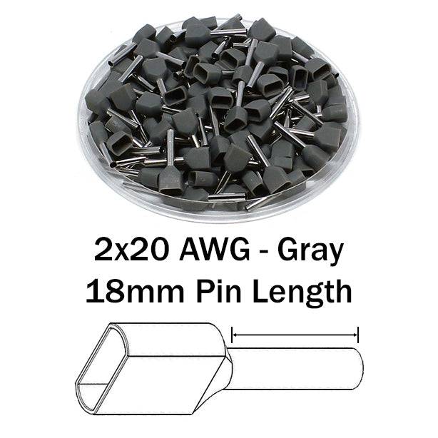 TD07518 - 2x20 AWG (18mm Pin) Twin Wire Ferrules - Gray - Ferrules Direct