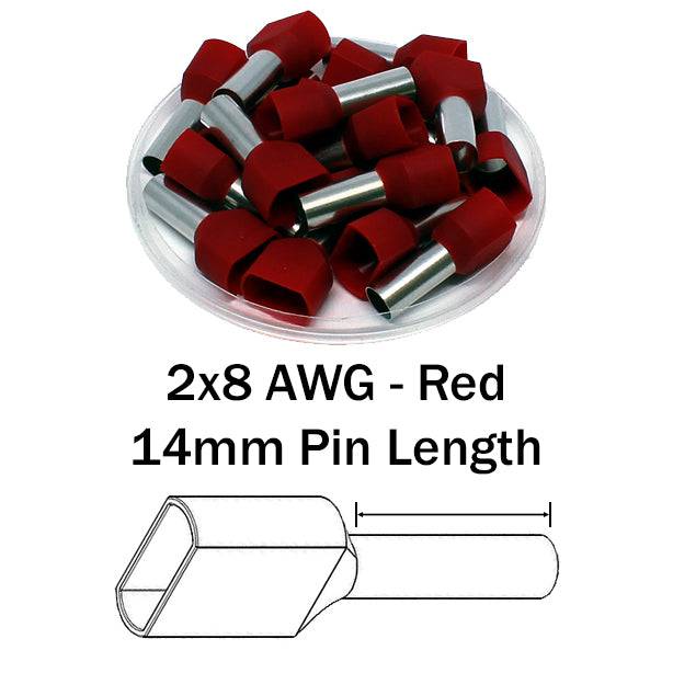 TD100014 - 2x8 AWG (14mm Pin) Twin Wire Ferrules - Red - Ferrules Direct