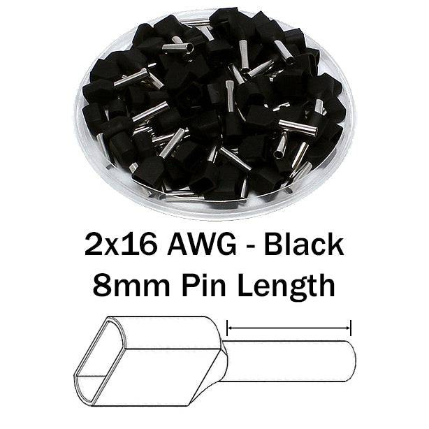 TD15008 - 2x16 AWG (8mm Pin) Twin Wire Ferrules - Black - Ferrules Direct