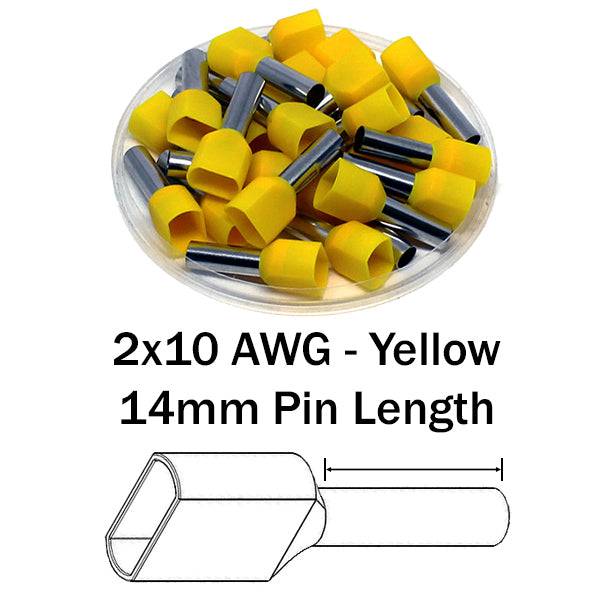 TD60014 - 2x10 AWG (14mm Pin) Twin Wire Ferrules - Yellow - Ferrules Direct