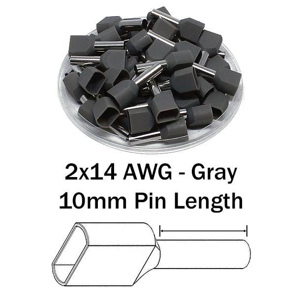 TT25010 - 2x14 AWG (10mm Pin) Twin Wire Ferrules - Gray - Ferrules Direct