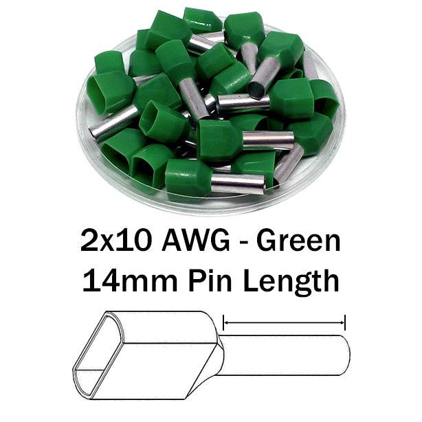 TT60014 - 2x10 AWG (14mm Pin) Twin Wire Ferrules - Green - Ferrules Direct