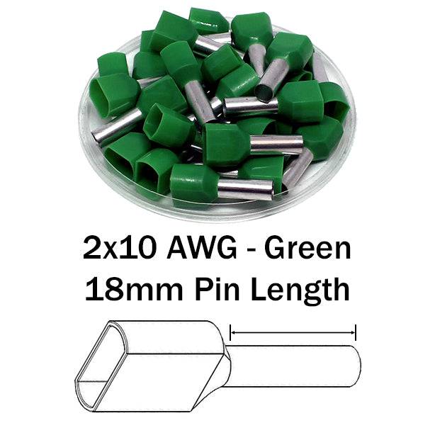 TT60018 - 2x10 AWG (18mm Pin) Twin Wire Ferrules - Green - Ferrules Direct