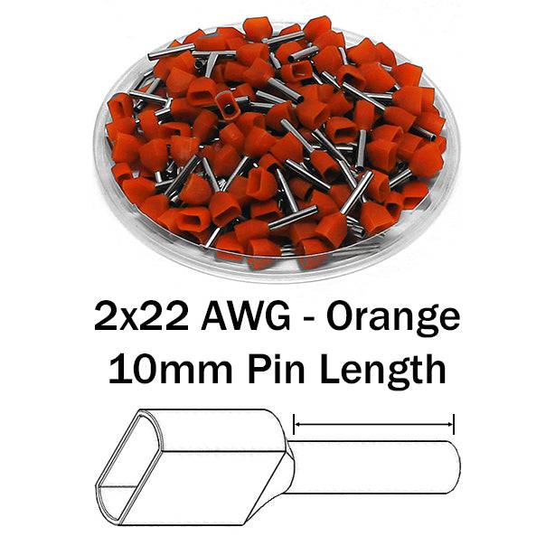 TW05010 - 2x22 AWG (10mm Pin) Twin Wire Ferrules - Orange - Ferrules Direct