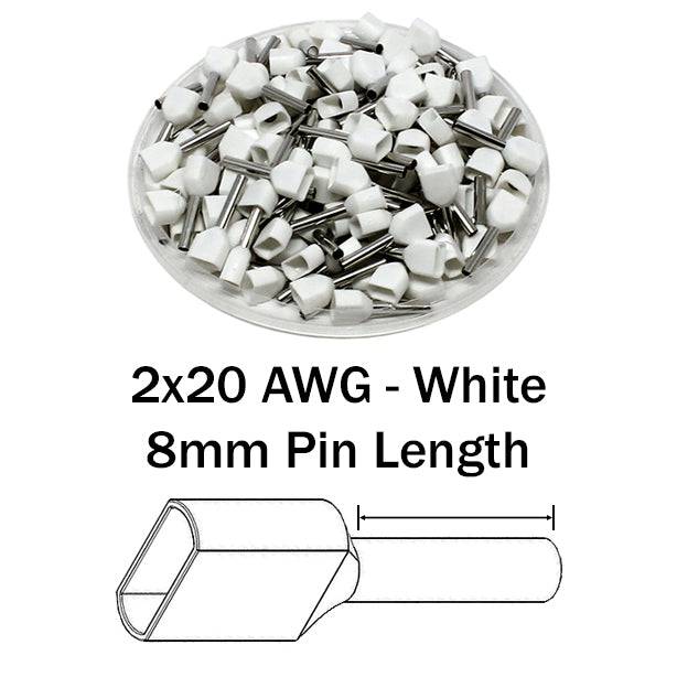 TW07508 - 2x20 AWG (8mm Pin) Twin Wire Ferrules - White - Ferrules Direct