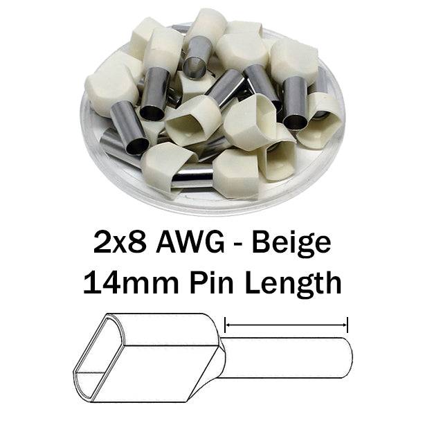 TW100014 - 2x8 AWG (14mm Pin) Twin Wire Ferrules - Beige - Ferrules Direct