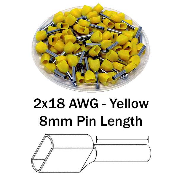 TW10008 - 2x18 AWG (8mm Pin) Twin Wire Ferrules - Yellow - Ferrules Direct