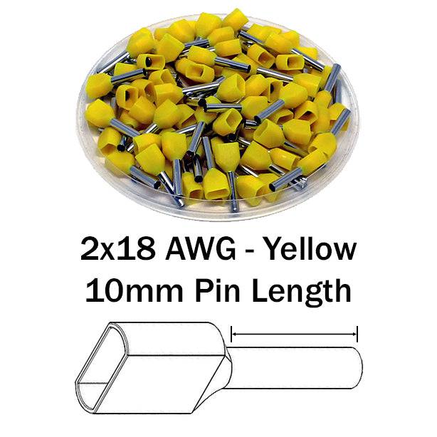 TW10010 - 2x18 AWG (10mm Pin) Twin Wire Ferrules - Yellow - Ferrules Direct