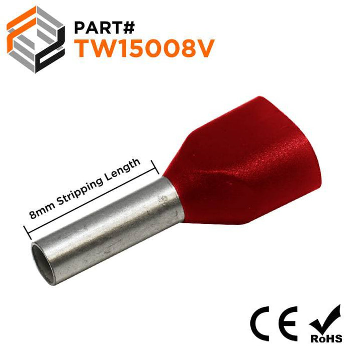 TW15008V - 2x16 AWG (8mm Pin) Twin Wire Ferrules - Red - Ferrules Direct