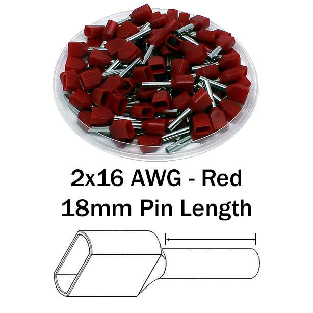 TW15018 - 2x16 AWG (18mm Pin) Twin Wire Ferrules - Red - Ferrules Direct