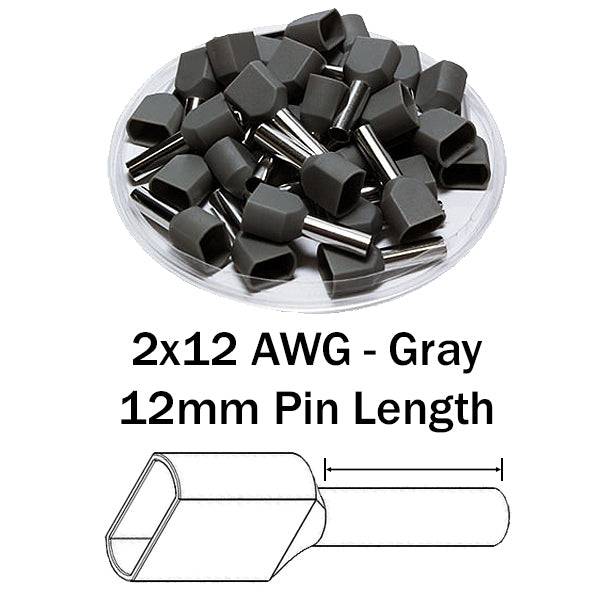 TW40012 - 2x12 AWG (12mm Pin) Twin Wire Ferrules - Gray - Ferrules Direct