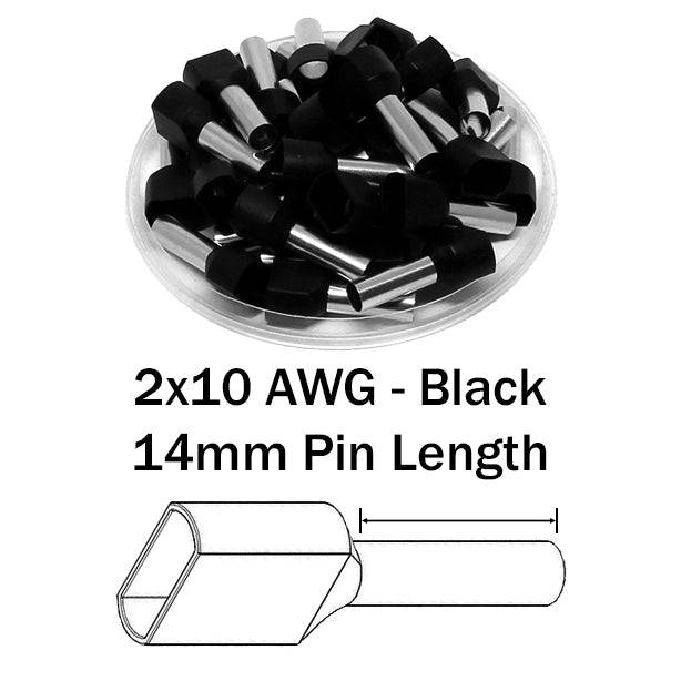 TW60014 - 2x10 AWG (14mm Pin) Twin Wire Ferrules - Black - Ferrules Direct